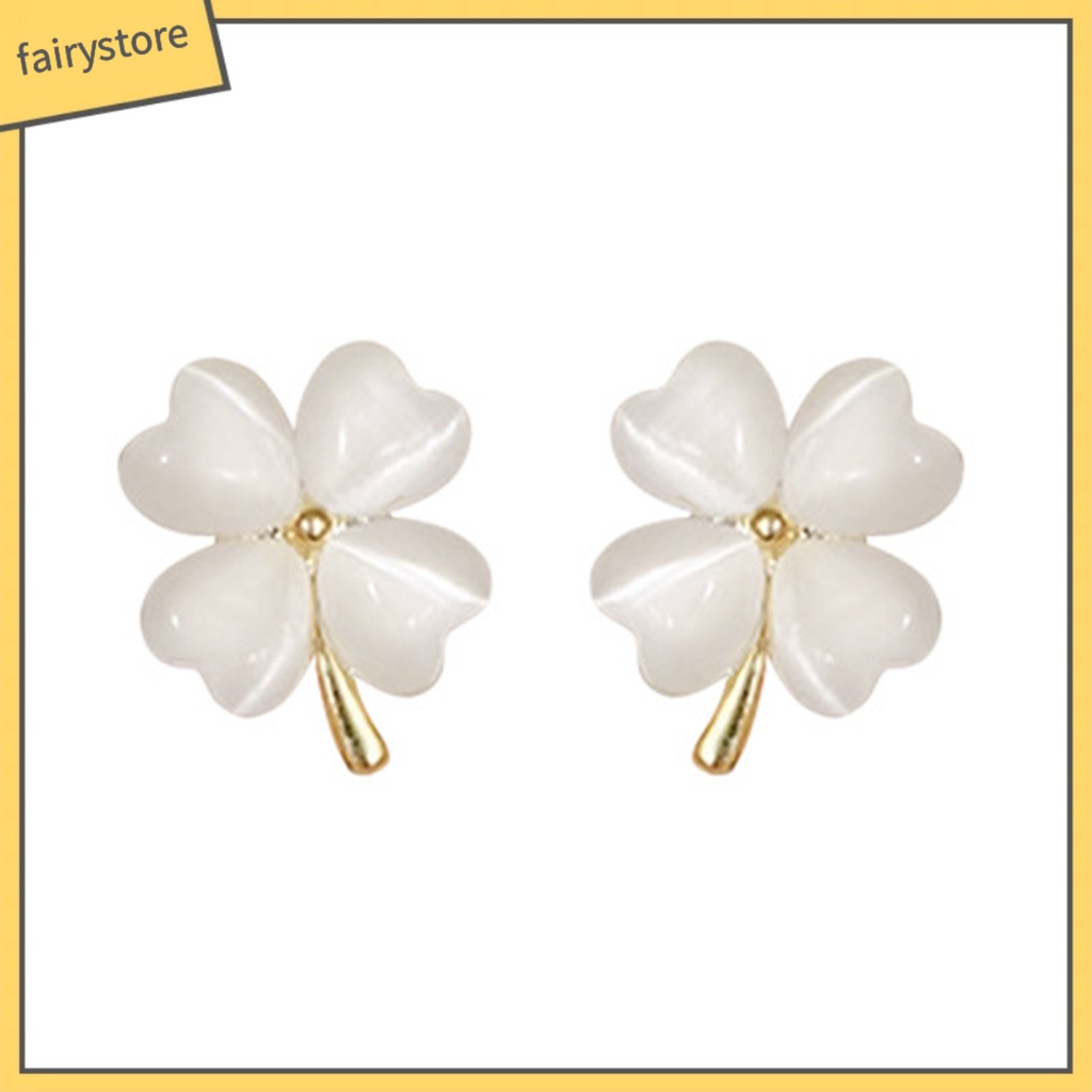 1 Đôi Bông Tai Hình Cỏ Bốn Lá Đính Đá Opal Nhân Tạo Thời Trang