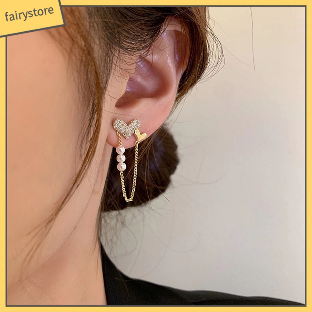 1 Đôi Bông Tai Hình Trái Tim Đính Ngọc Trai Nhân Tạo Thời Trang Dành Cho Nữ