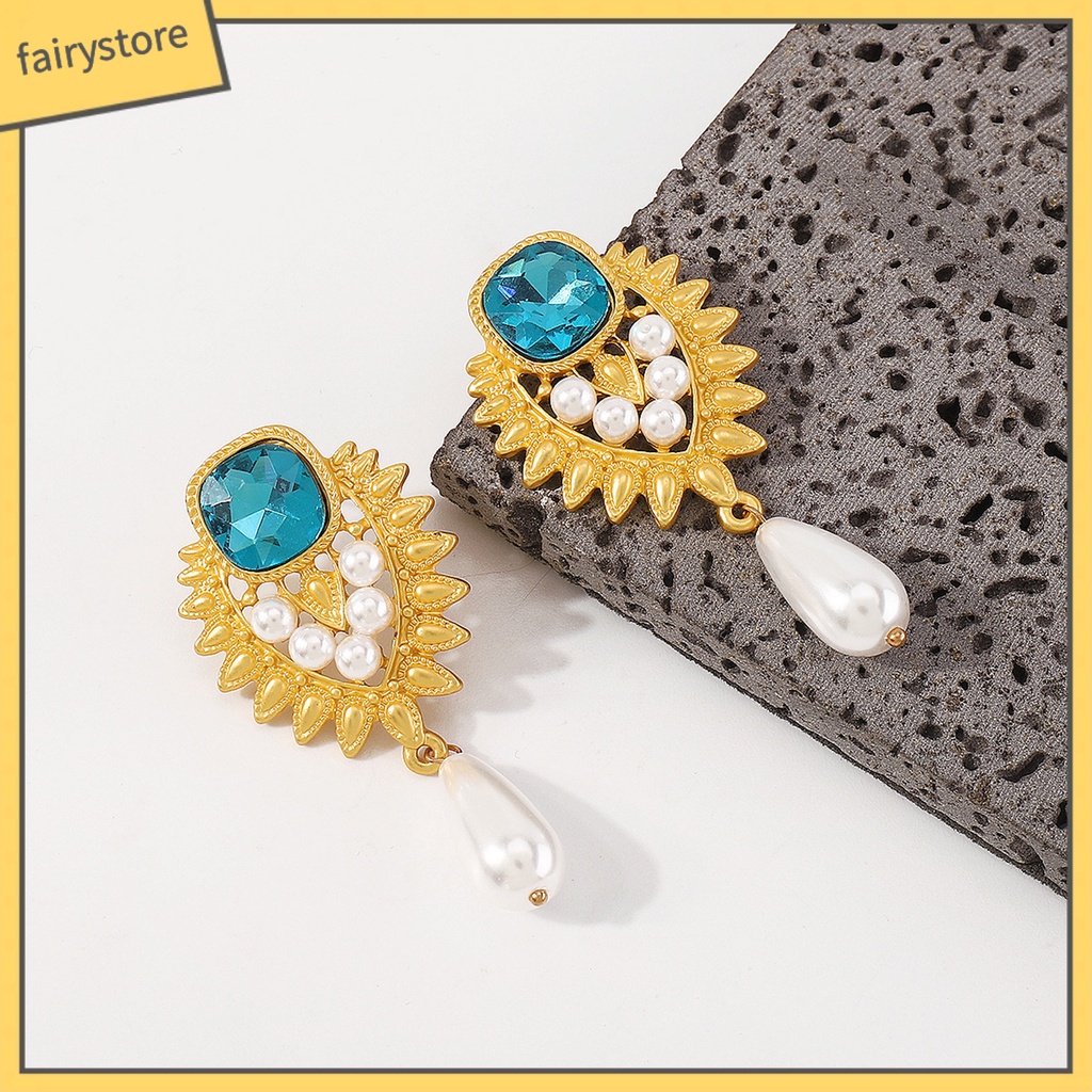 1 Đôi Bông Tai Đính Đá Ngọc Trai Nhân Tạo Màu Xanh Dương Phong Cách Thời Trung Cổ Thời Trang