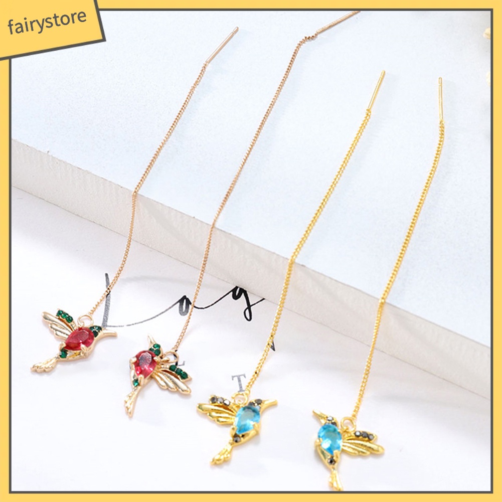 Bông Tai Dáng Dài Hình Chim Ruồi Đính Đá Phối Tua Rua Thời Trang Cho Nữ