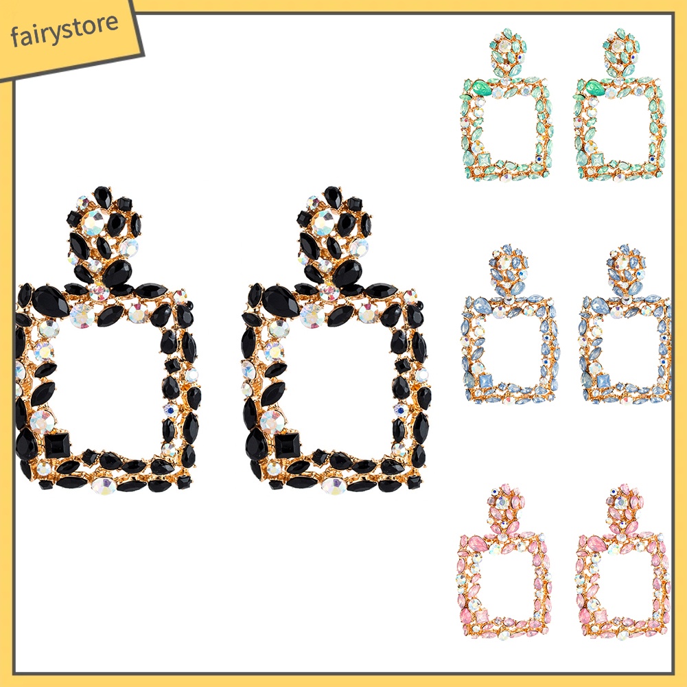 Bông Tai Dáng Dài Hình Vuông Đính Đá Phong Cách Boho Thời Trang Cho Nữ