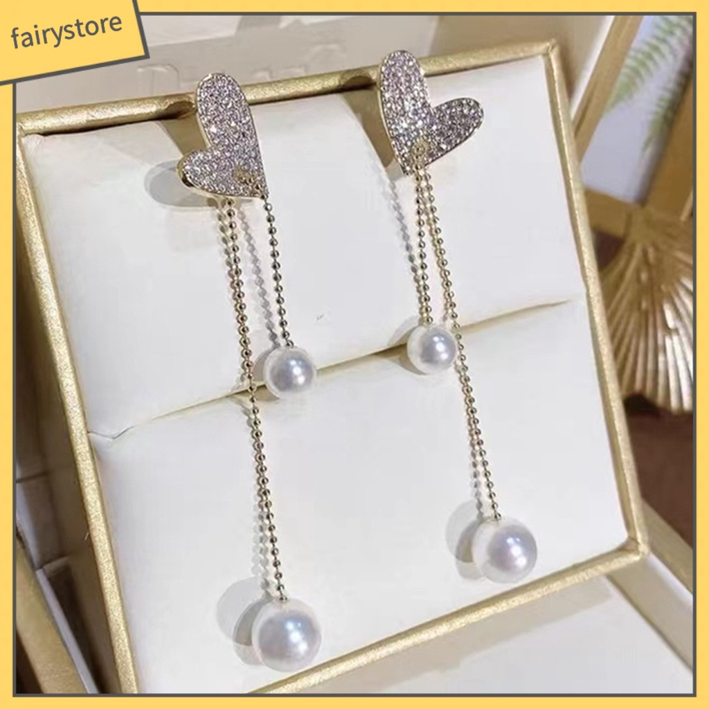 [FRO] Bông Tai Thả Dây Dài Hình Trái Tim Đính Kim Cương Giả Lấp Lánh Thanh Lịch Cho Nữ