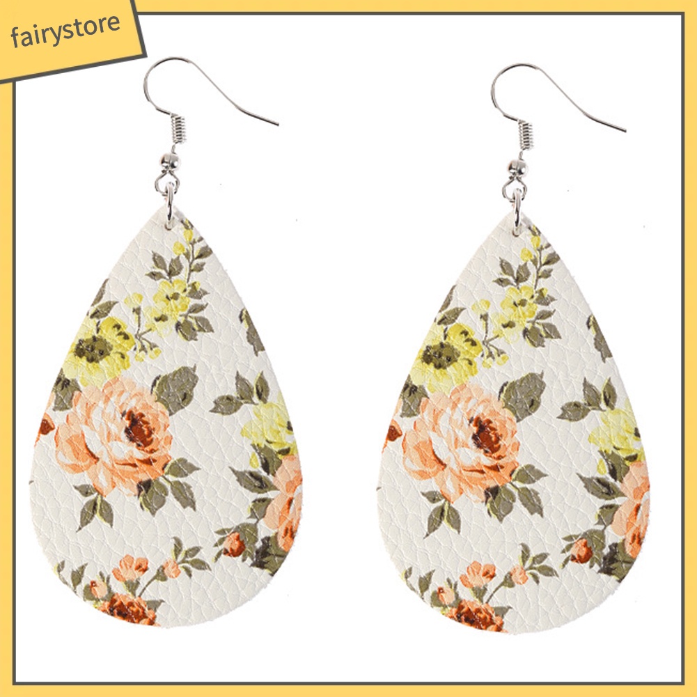 Bông Tai Giả Da Hình Giọt Nước Họa Tiết Hoa Phong Cách Boho Dành Cho Nữ