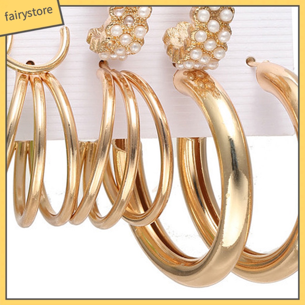 Set 5 Đôi Bông Tai Tròn Bằng Kim Loại Đính Ngọc Trai Nhân Tạo Phong Cách Bohemian