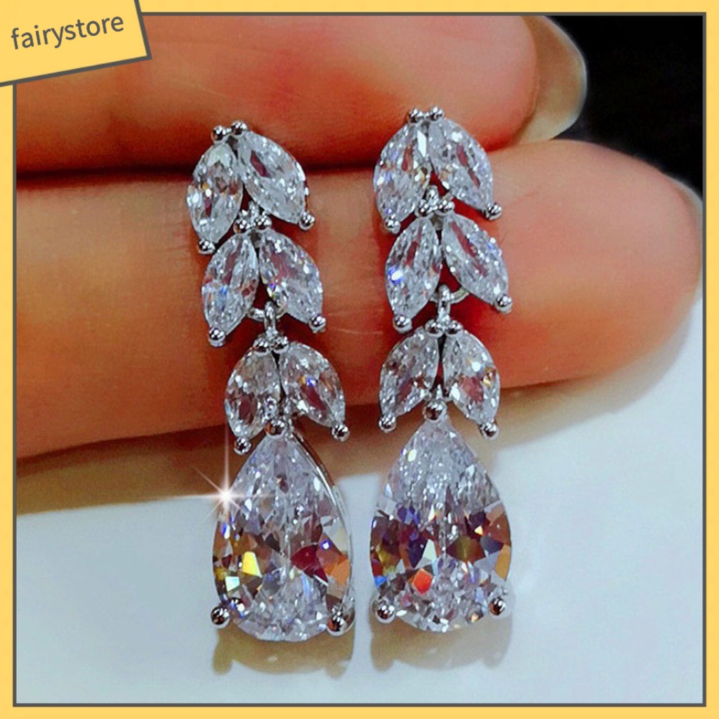 1 Đôi Bông Tai Hình Chiếc Lá Đính Đá Zircon Dành Cho Cô Dâu