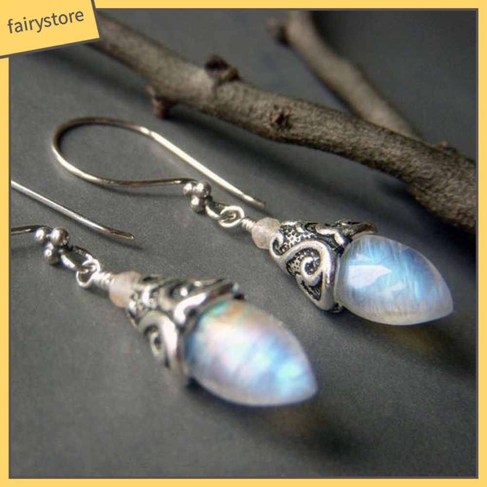 Bông Tai Móc Hình Nón Đính Đá Mặt Trăng Nhân Tạo Phong Cách Retro Thời Trang Cho Nữ