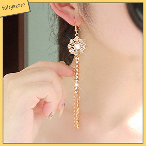 Bông Tai Dài Hình Hoa Đính Đá Dạng Móc Tua Rua Lấp Lánh Cho Nữ