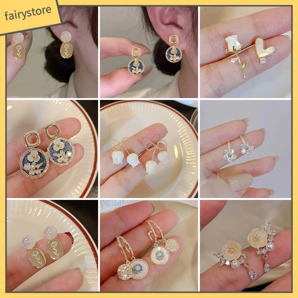 1 Đôi Bông Tai Hình Hoa Đính Ngọc Trai Giả Phong Cách Pháp