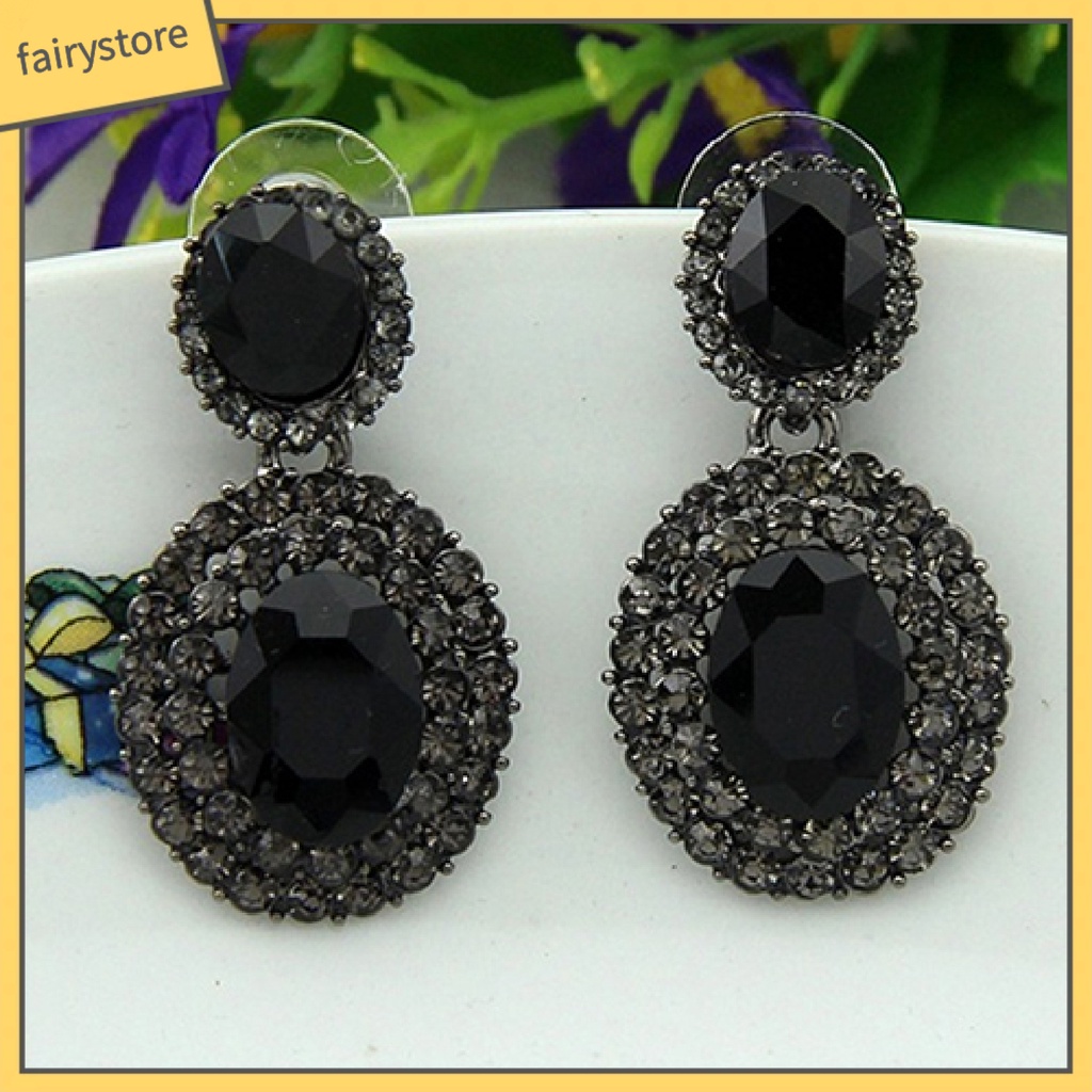 1 Đôi Bông Tai Đính Đá Hình Oval Phong Cách Cổ Điển Sang Trọng