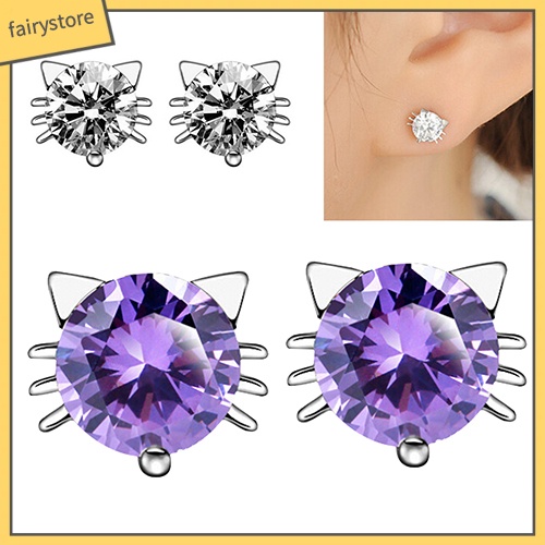 Bông Tai Mạ Bạc 925 Hình Mèo Đính Đá Zircon Dễ Thương