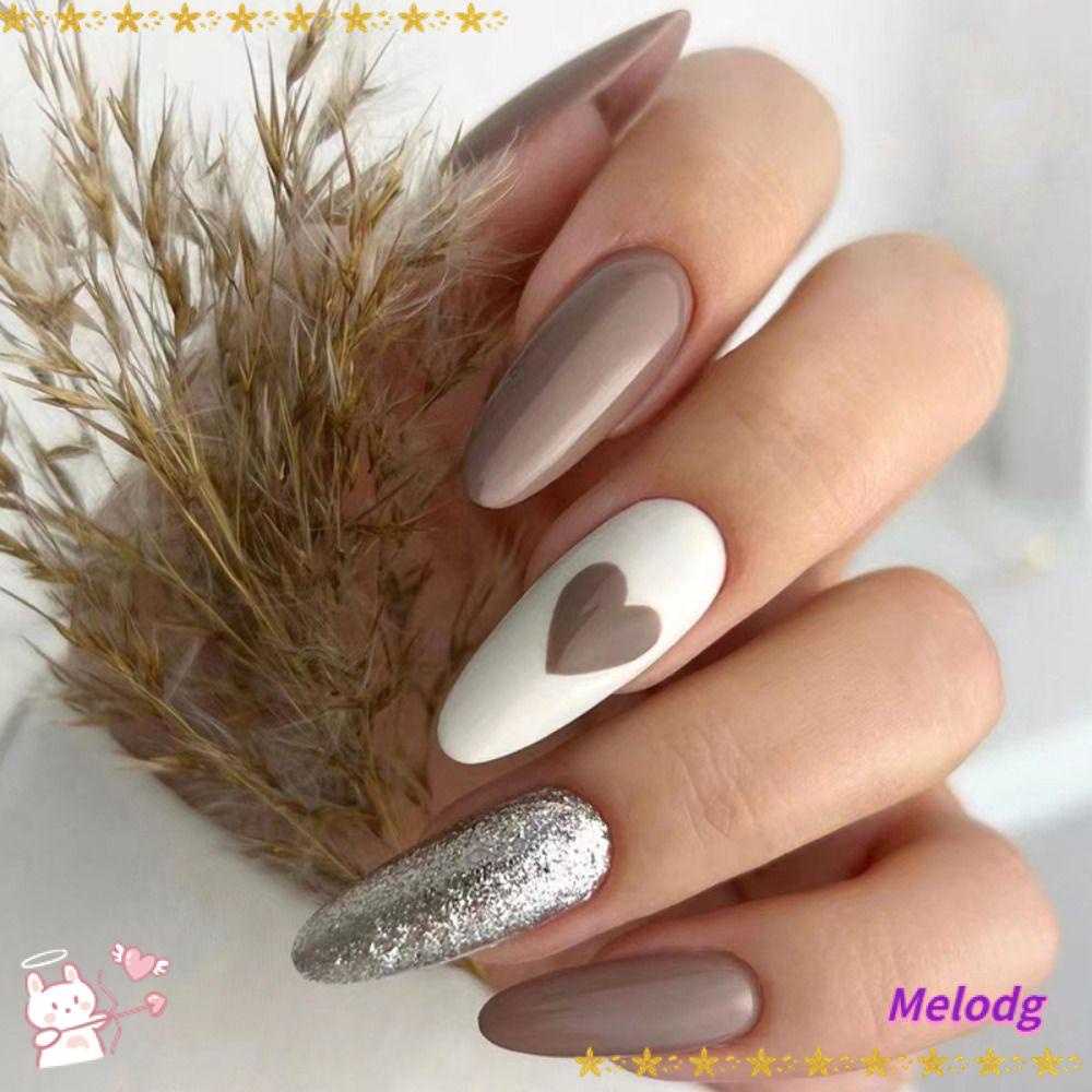 MELODG Bộ 24 Móng Tay Giả Hình Oval Màu Cà Phê Độc Đáo DIY