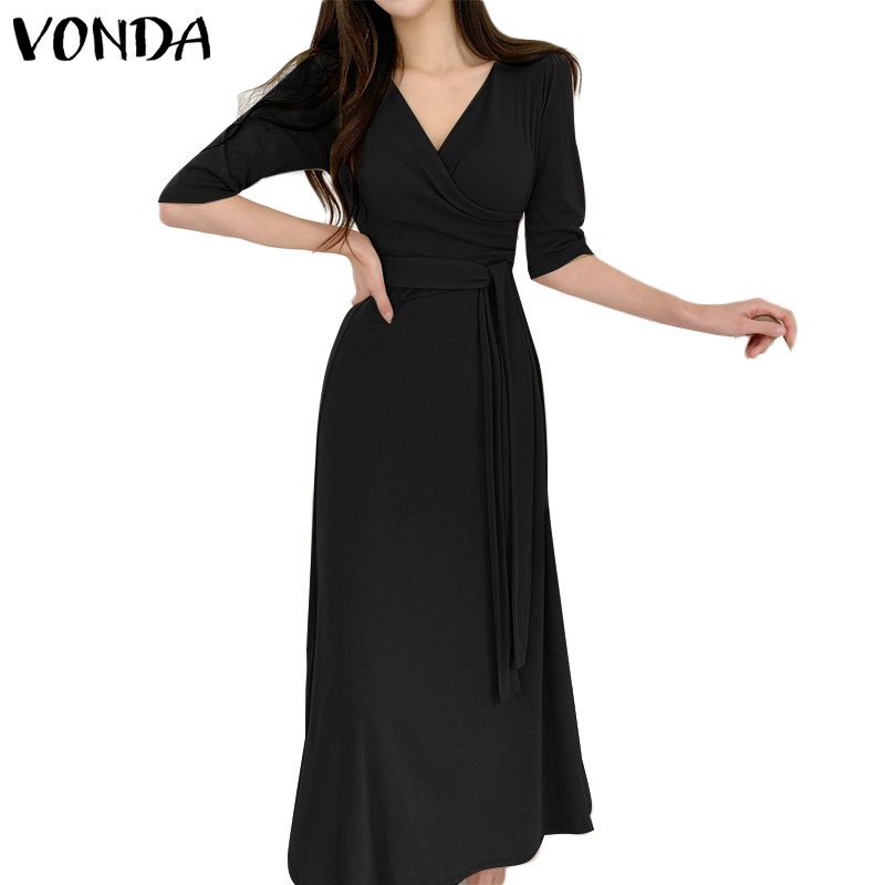 Đầm Dài Dáng Chữ A Tay Lửng Cổ Chữ V Buộc Eo Thời Trang Hàn Quốc Cho Bạn Gái