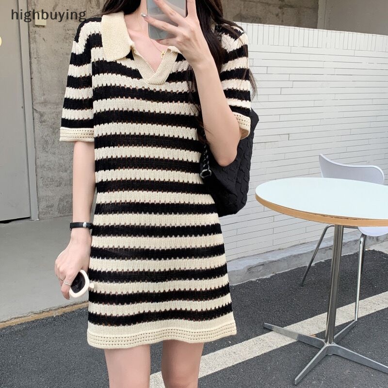 Đầm Dệt Kim Cổ Chữ V Họa Tiết Kẻ Sọc Thời Trang Mùa Hè Cho Nữ