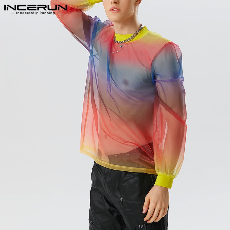 INCERUN Áo Thun Tay Dài Cổ Đứng Nhuộm Màu Phối Lưới Xuyên Thấu Kiểu Vintage Thời Trang Cho Nam