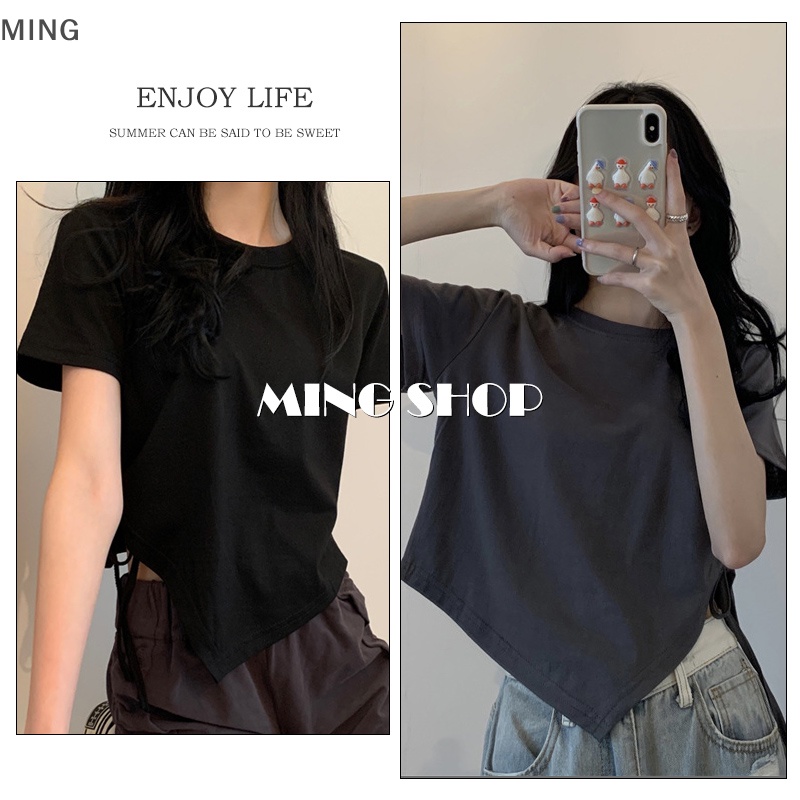 Áo Thun Crop Top Tay Ngắn Cổ Tròn Màu Trơn Phối Dây Rút Thời Trang Mùa Hè Xinh Xắn Cho Nữ