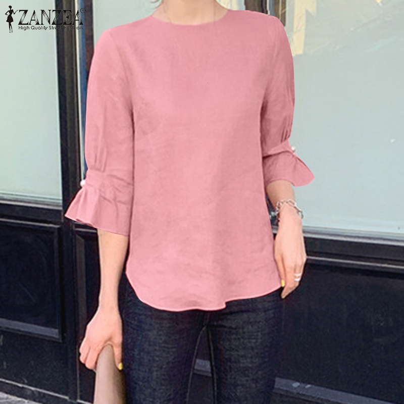 Zanzea Áo Thun Nữ Tay Lửng Cổ Tròn Màu Trơn Phong Cách Hàn Quốc