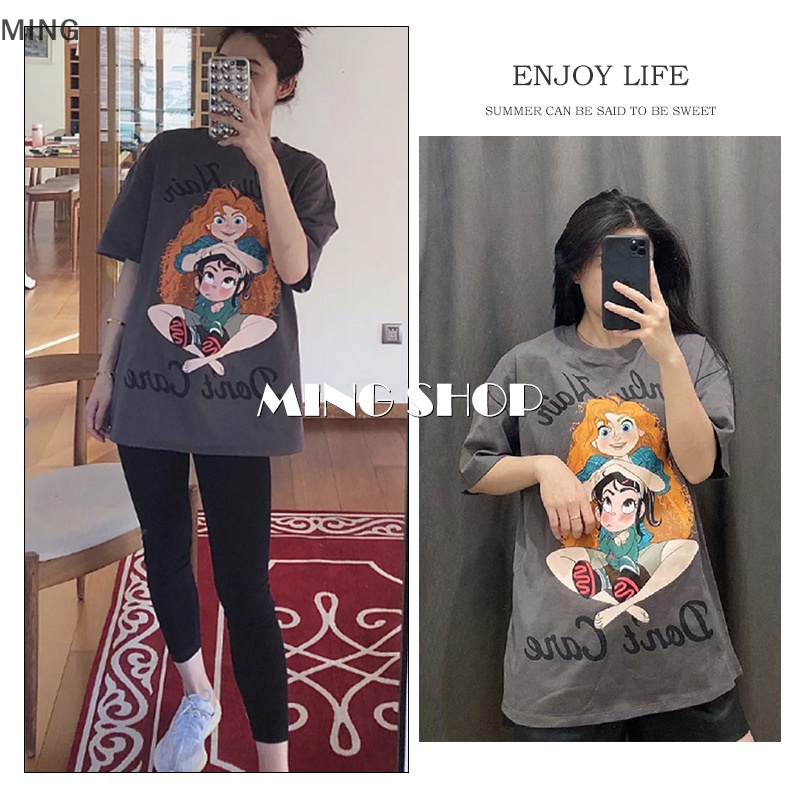 Áo Thun Tay Ngắn Cổ Tròn Dáng Rộng In Họa Tiết Hoạt Hình Thời Trang Cho Nữ