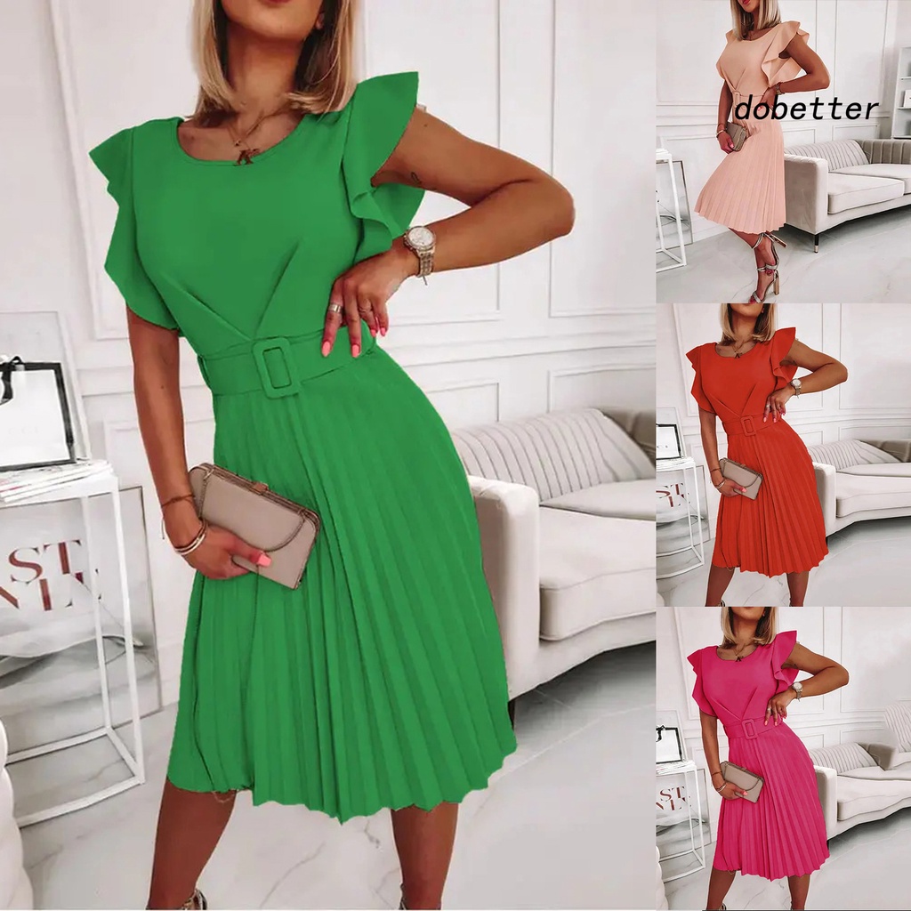 Đầm Midi Tay Ngắn Cổ Tròn Màu Trơn Thời Trang Mùa Hè Xinh Xắn Cho Nữ
