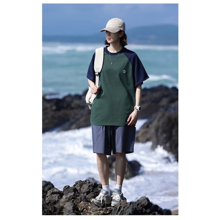 Áo Thun Raglan Tay Ngắn Dáng Rộng Màu Sắc Tương Phản Thời Trang Dành Cho Cặp Đôi