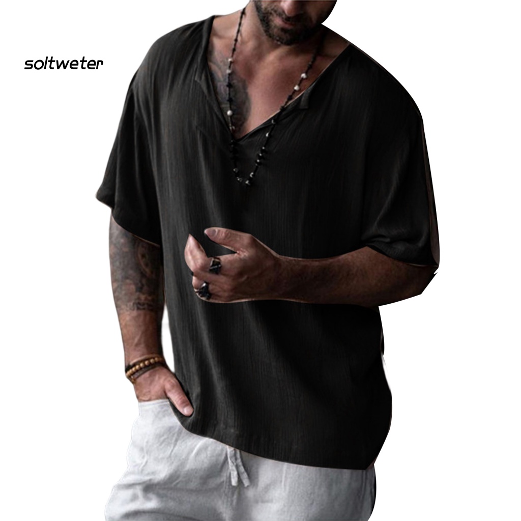 Áo Thun Tay Ngắn Cổ Chữ V Màu Sắc Đơn Giản Nhẹ Nhàng Cho Nam