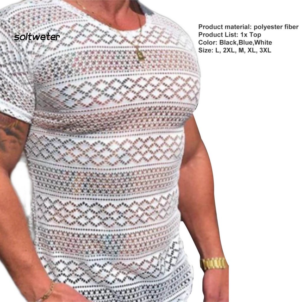 Áo Thun Tay Ngắn Dáng Ôm Phối Ren Họa Tiết Hình Học Thời Trang Mùa Hè Cho Nam