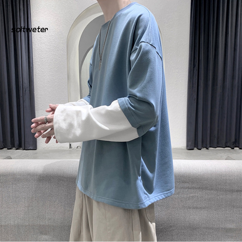 Áo Thun Cổ Tròn Dáng Rộng Giả Hai Lớp Màu Sắc Tương Phản Thời Trang Mùa Thu Cho Nam