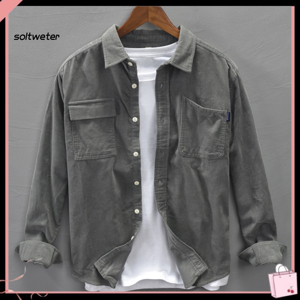Áo Sơ Mi Tay Dài Dáng Rộng Màu Trơn Có Túi Mềm Mại Thời Trang Xuân Thu Cho Nam
