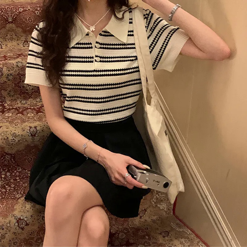 Áo Thun Polo Dệt Kim Tay Ngắn Họa Tiết Kẻ Sọc Thời Trang Mùa Hè Phong Cách Hàn Quốc Mới Cho Nữ