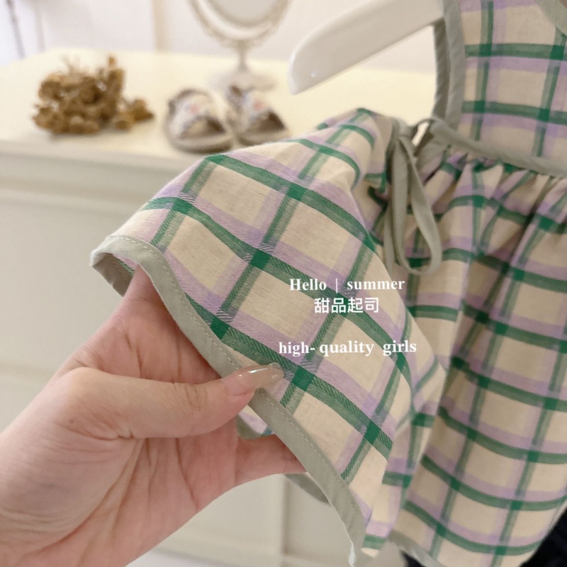 Bộ Áo Sơ Mi Cotton + Chân Váy Chữ A Sọc Caro Xanh Lá Thời Trang Mùa Hè Hàn Quốc Cho Nữ