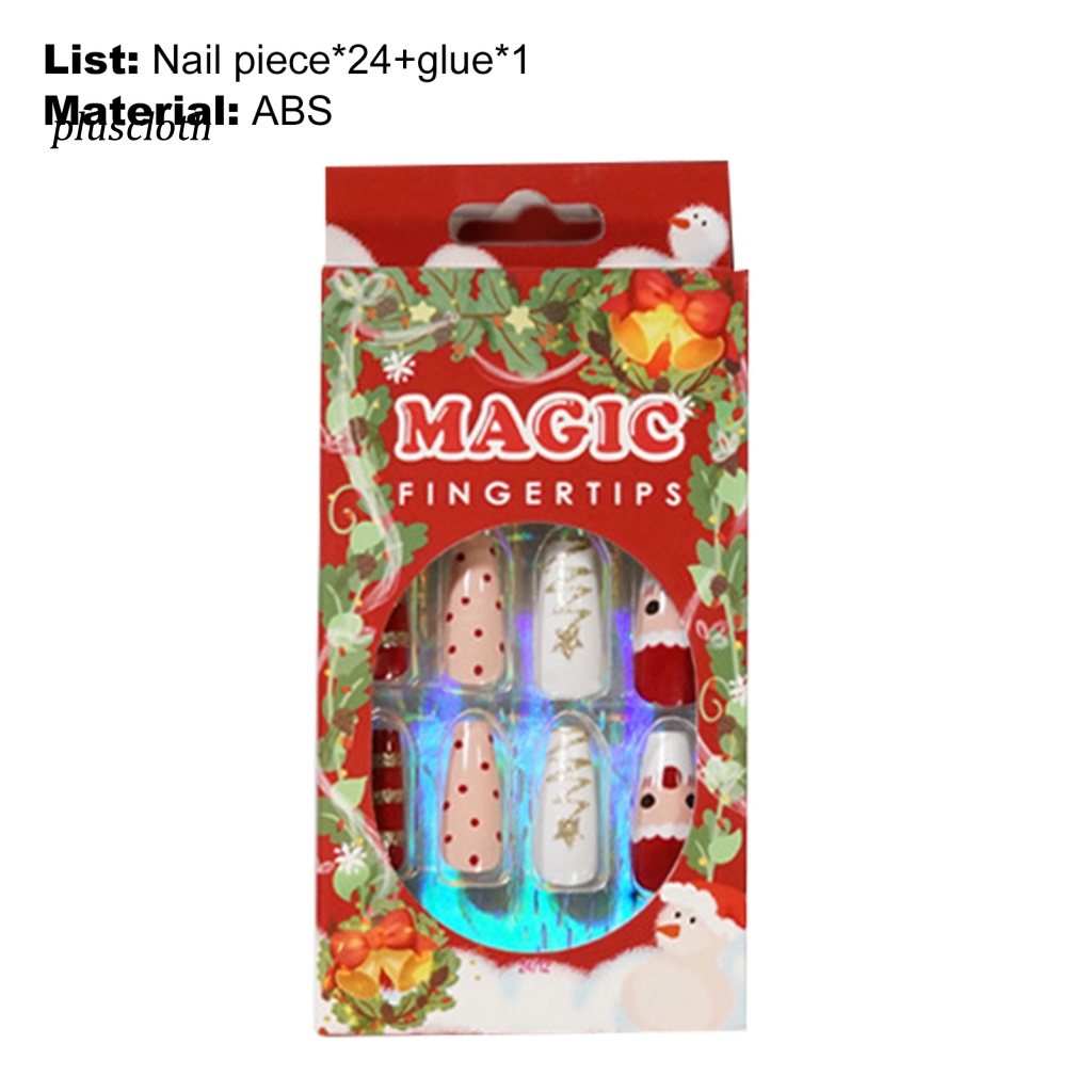 &lt; Pluscloth &gt; Set 24 Móng Tay Giả Dạng Nhấn Siêu Mỏng Phong Cách Giáng Sinh Có Thể Tháo Rời