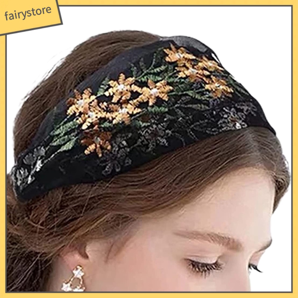 Băng Đô Cài Tóc Vải Ren Thêu Hoa Chống Trượt Xinh Xắn Cho Bạn Gái