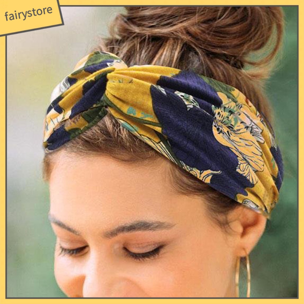 Băng Đô Cài Tóc Bản Rộng Co Giãn In Họa Tiết Hoa Xinh Xắn Cho Nữ