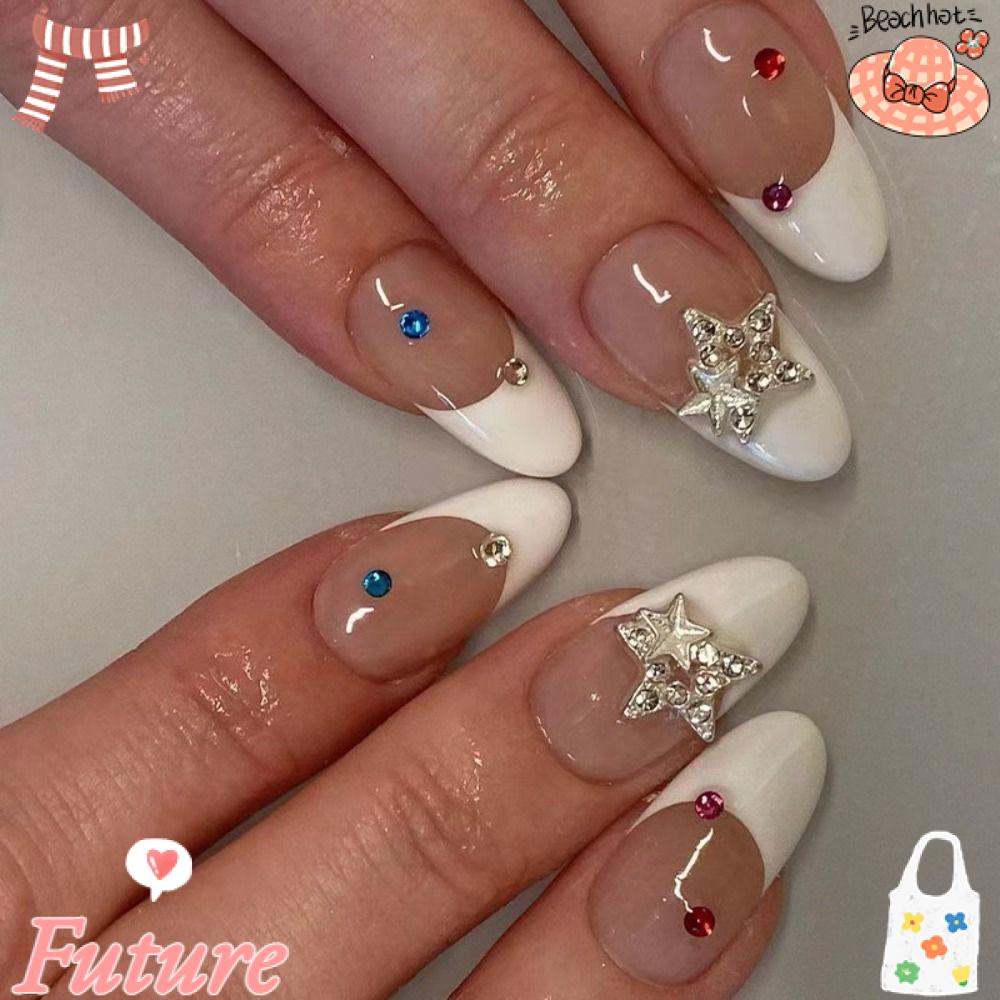 Set 24 Móng Tay Giả Dạng Nhấn Họa Tiết Bướm / Ngôi Sao / Ngôi Sao / Pháp