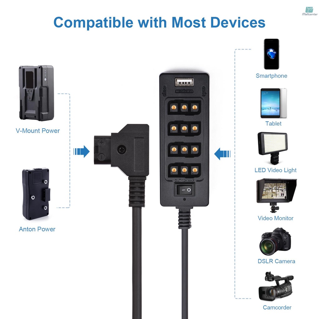 Andoer D-Tap B Type Socket D-tap Male to 8 Port D-tap Female Spliter Power Cable Connector with USB Interface 8V/12V DC Jack Replacement for ARRI RED Cameras V-mount Battery Monitors