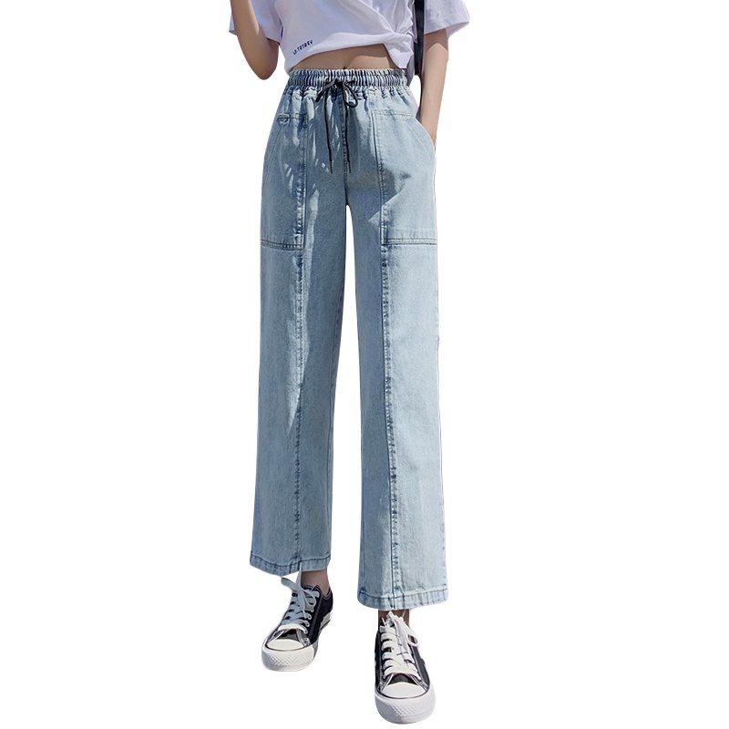 Hàng Mới Về Quần Jeans Denim Cotton Lưng Thun Ống Suông Dây Rút Dành Cho Nữ Plus Size S-5xl 2023