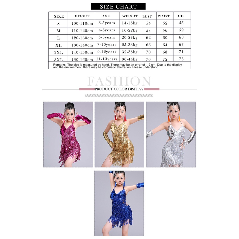 Đầm Khiêu Vũ Latin Đính Kim Sa Tua Rua Màu Đỏ Cho Bé Gái