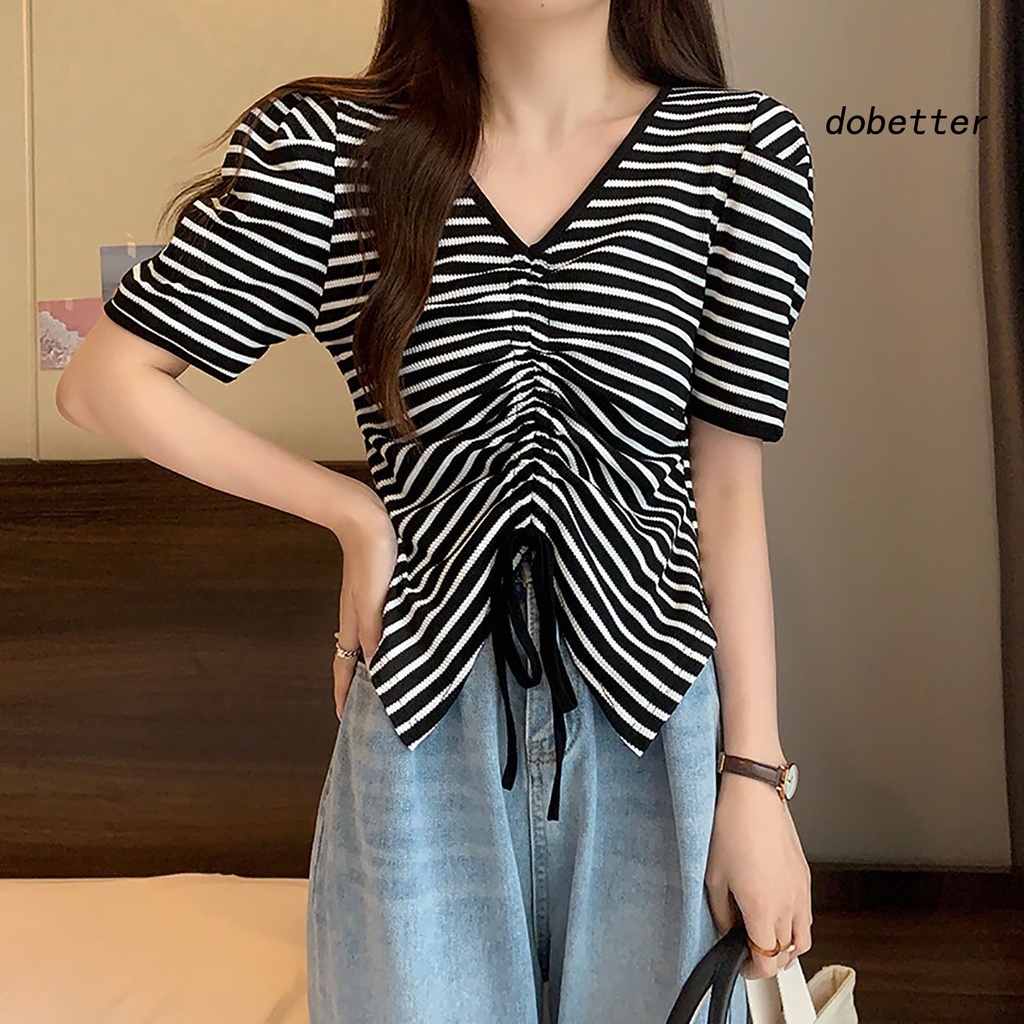 Áo Thun Tay Ngắn Cổ Chữ V Màu Trơn Phối Dây Rút Thời Trang Mùa Hè Cho Nữ