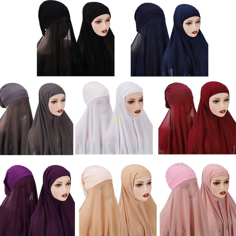 Flgo Khăn Choàng Hijab Màu Trơn Đính Ngọc Trai Co Giãn Kèm Dây Buộc