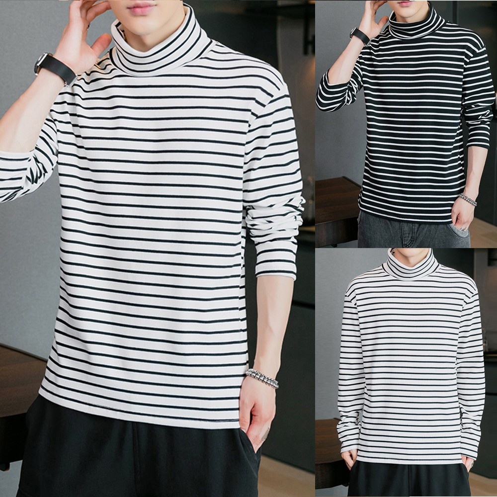 Áo Thun Dài Tay Họa Tiết Kẻ Sọc Chất Liệu Polyester Thời Trang Mùa Đông Cho Nam Size M-2XL