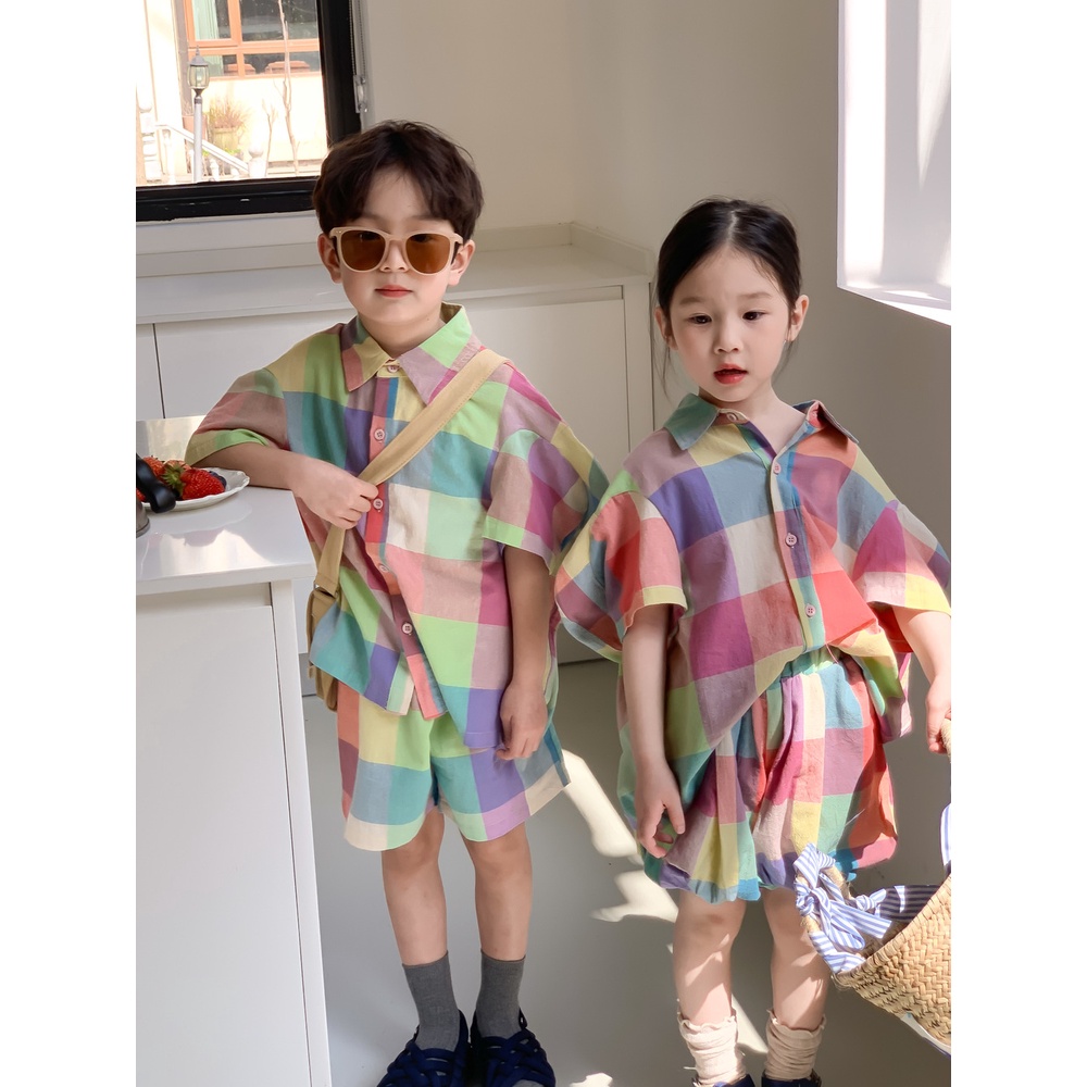 Set Áo Sơ Mi Kẻ Sọc Caro Nhiều Màu Sắc Bộ đồ trẻ em bộ bé gái bộ vest bé trai