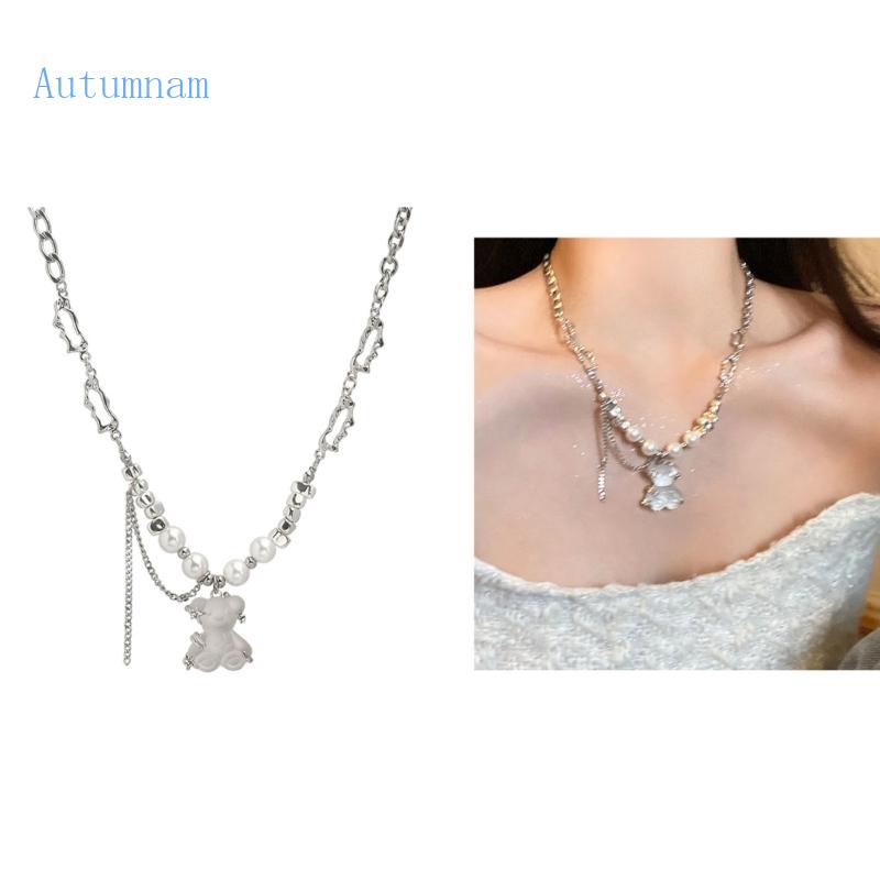 Vòng cổ Mặt Hình Gấu Đính Ngọc Trai Dễ Thương Phong Cách Hip Hop