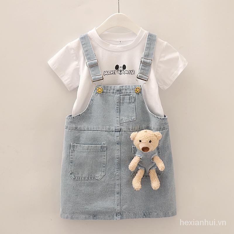 Set Áo Thun Ngắn Tay In Hình Gấu Và Chân Váy Yếm Denim Thời Trang Hè 2023 Cho Bé Gái