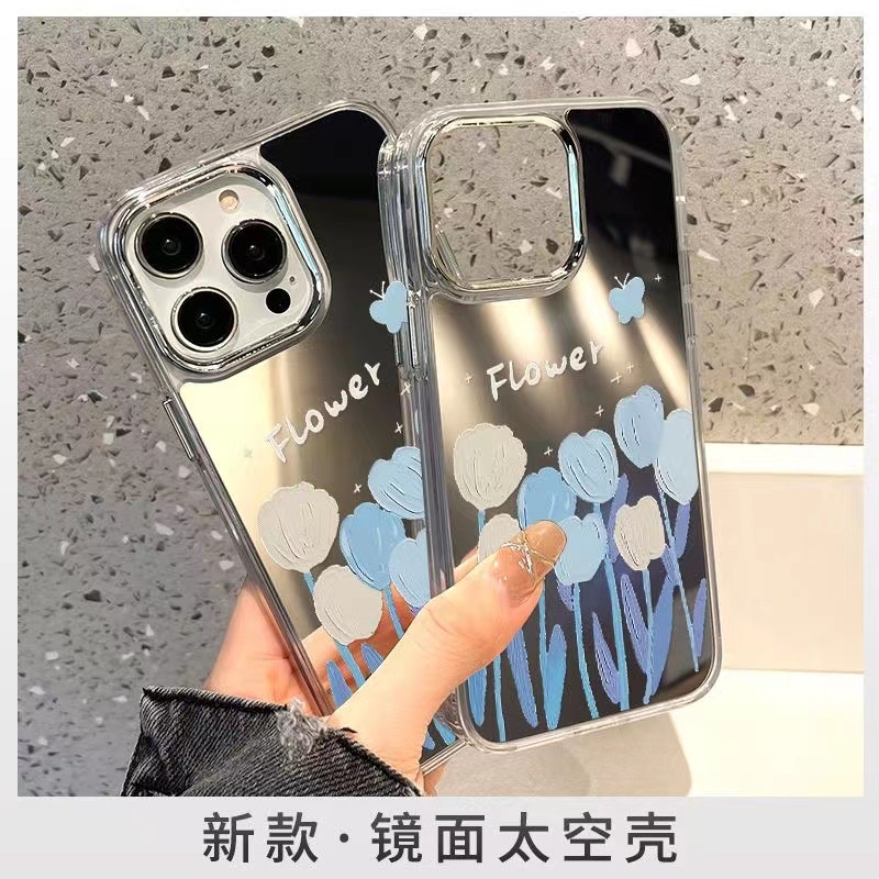 Ốp Điện Thoại Mặt Gương Chống Rơi Họa Tiết Hoa Tulip Cho Apple 14pro 12promax 13pro X Xsmax