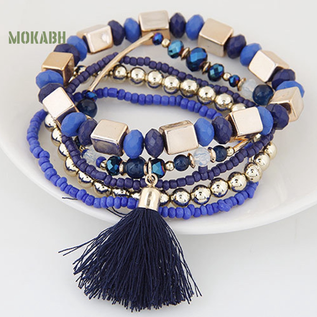 [Mok Abh] Vòng Tay Hạt Nhựa Resin Nhiều Lớp Phong Cách Bohemian Cổ Điển