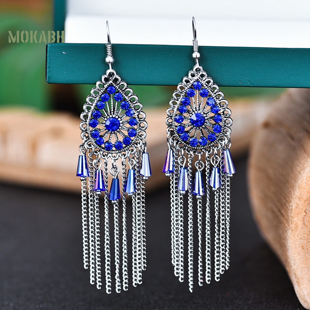 1 Đôi Bông Tai Hình Giọt Nước Có Đính Đá Và Tua Rua Theo Phong Cách Vintage Dành Cho Nữ