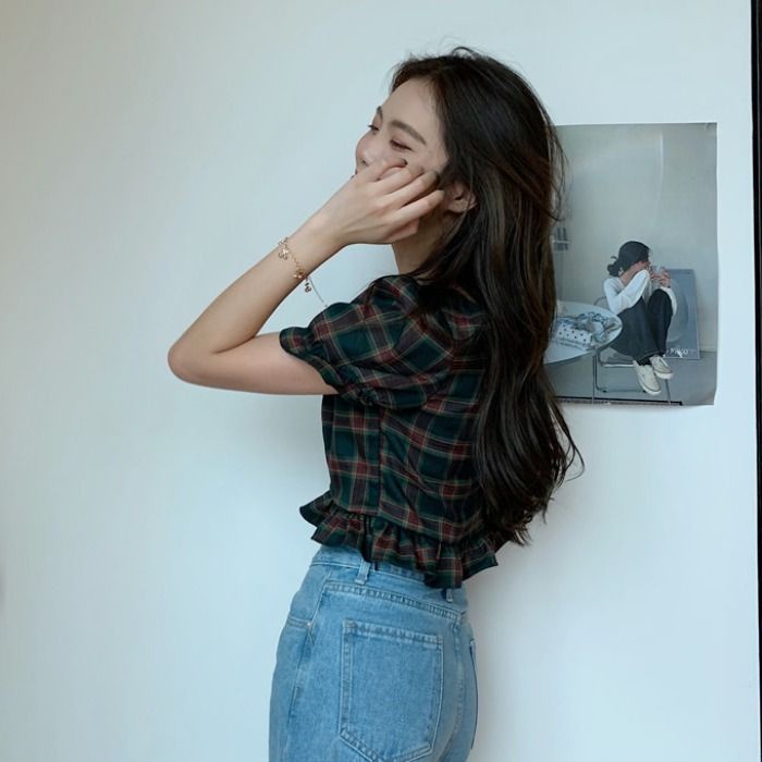 Áo Sơ Mi Ngắn Lưng Cao Dáng Ôm Chất Liệu Chiffon Họa Tiết Sọc Caro Thời Trang Mùa Hè Mới Cho Nữ