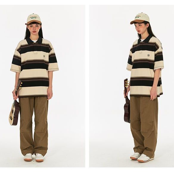 Áo Thun polo Ngắn Tay Form Rộng Họa Tiết Kẻ Sọc Màu Sắc Tương Phản Phong Cách Hong Kong Cho Nam