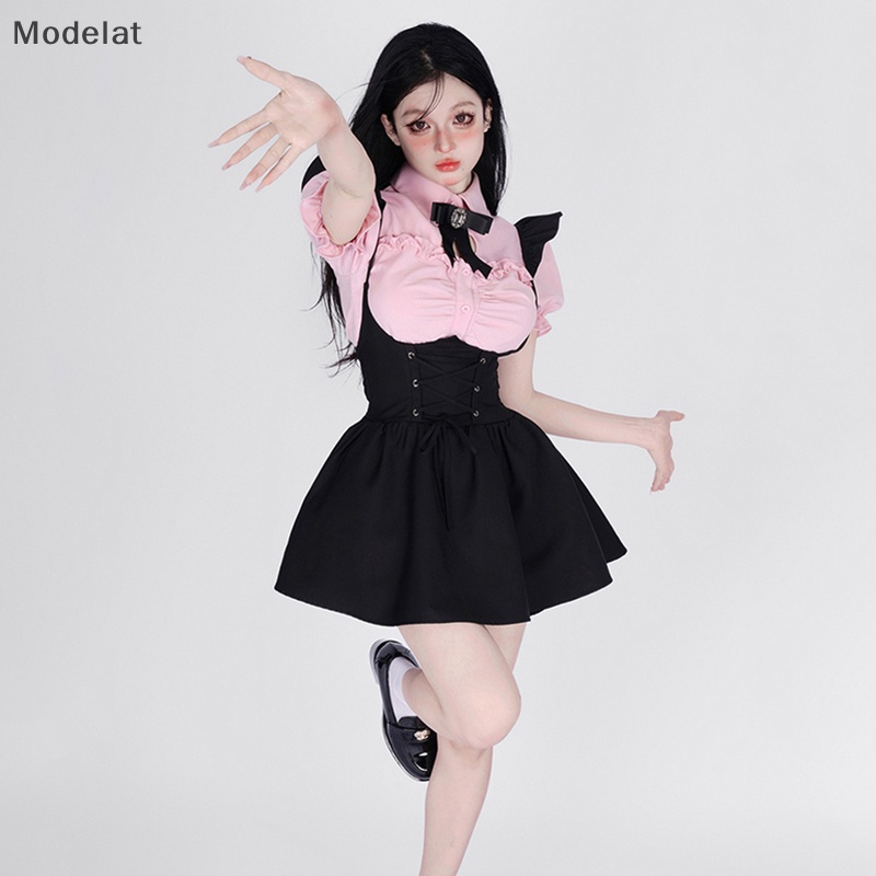 Set Đồ 2 Món Gồm Áo Tay Phồng Họa Tiết Trái Tim Rỗng + Đầm Mini Hai Dây Màu Đen Dễ Thương Cho Bạn Gái