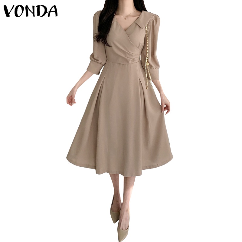 Đầm Cổ Chữ V Tay Phồng Màu Trơn Phong Cách Hàn Quốc Dành Cho Nữ