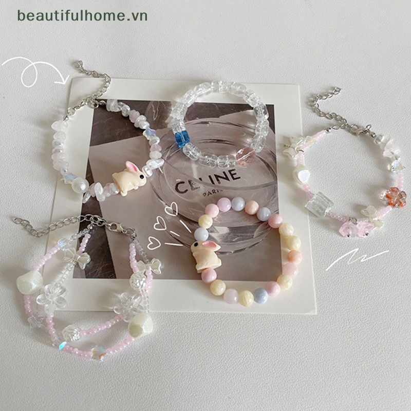 Vòng Tay Chuỗi Hạt Co Giãn Màu Kẹo Ngọt Họa Tiết Hoa Và Thỏ Hoạt Hình Dễ Thương Làm Thủ Công DIY Cho Nữ [beauty]